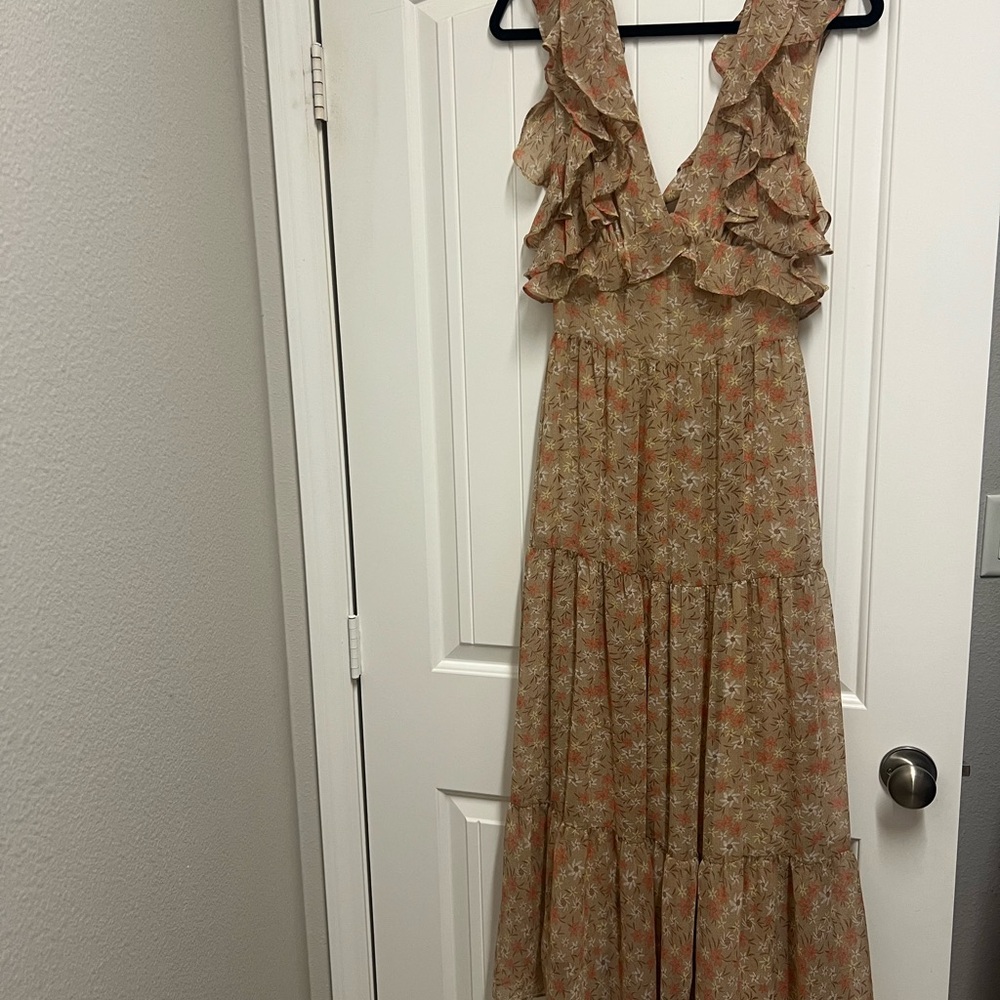 Bardot Floral Ruffle Maxi Dress - Orange and Cream